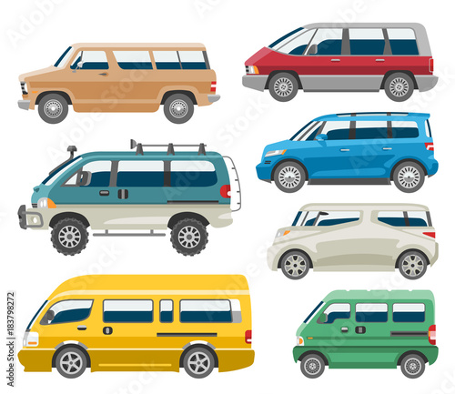 Van car vector auto vehicle minivan family minibus vehicle and automobile banner isolated citycar set on white background illustration