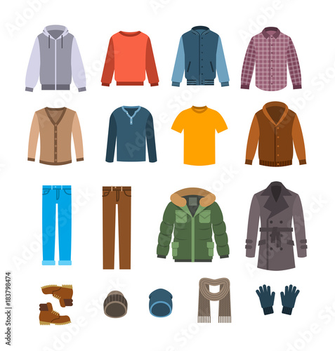 Warm clothes for men. Winter collection of modern male casual outfit. Vector flat illustration. Fashion style icons. Cold season garments. Wardrobe graphic elements