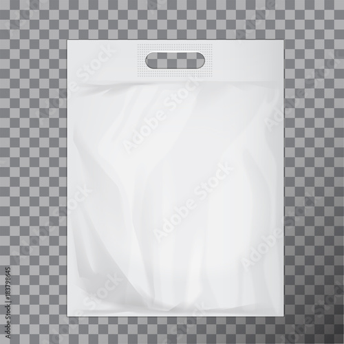 Empty white blank plastic bag mock up isolated. Consumer pack ready for logo design or identity presentation. Commercial product food packet handle