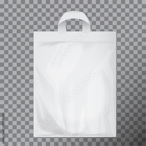 Empty white blank polyethylene bag mock up isolated. Consumer pack ready for logo design or identity presentation. Commercial product food packet handle