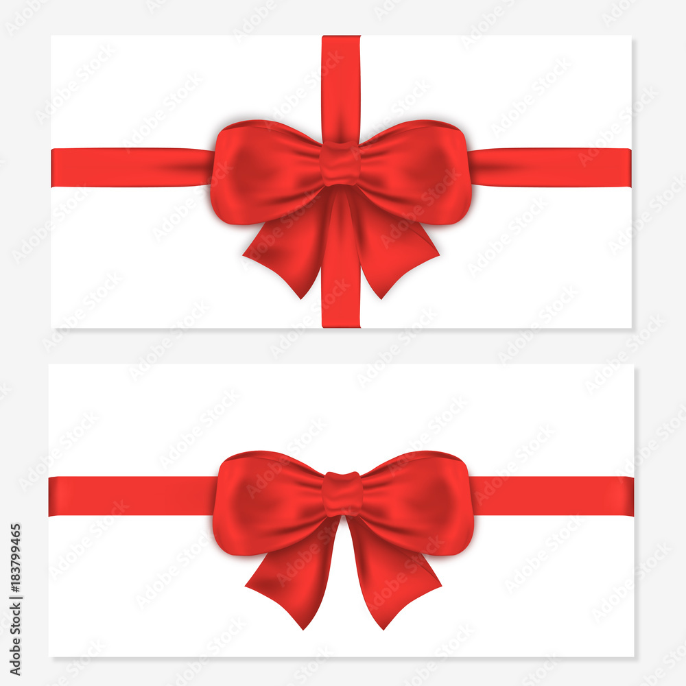 Set of horizontal gift cards with luxury red bows. Decorative gift bows with satin ribbons for wrapping, invitation Set of horizontal gift cards with luxury red bows. Decorative gift bows with satin ribbons for wrapping, invitation