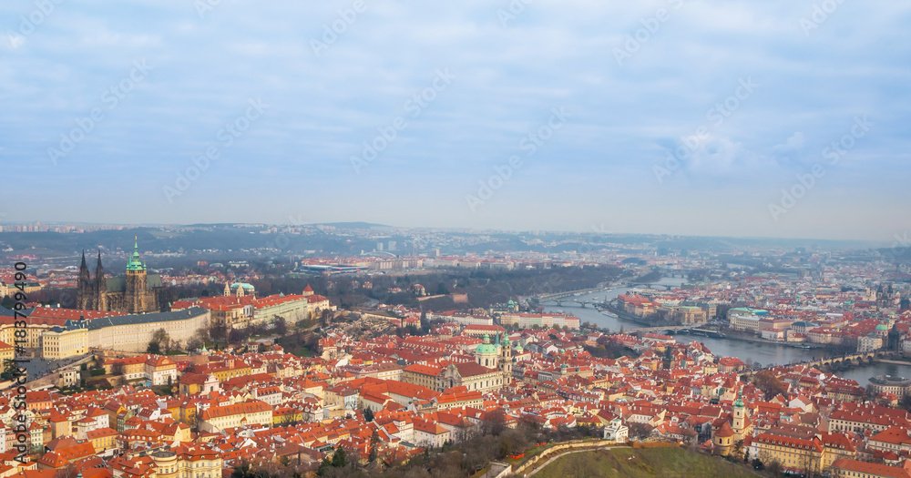 Panorama of Prague with Castle. View from Petrin Hill. Prague, Czech Republic