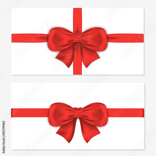 Set of horizontal gift cards with luxury red bows. Decorative gift bows with satin ribbons for wrapping, invitation