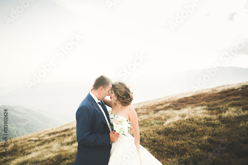 Happy beautiful wedding couple bride and groom at wedding day outdoors on the mountains rock. Happy marriage couple outdoors on nature, soft sunny lights © olegparylyak