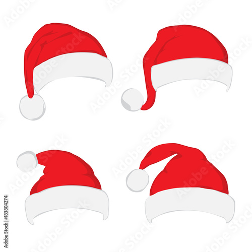 Santa hat set on white background. Vector Santa red hat. Flat vector illustration Santa hat. Red Santa hat isolated on white.