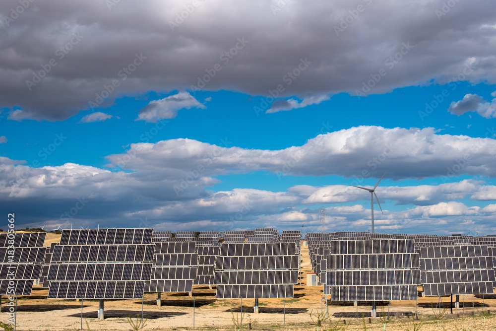 Fototapeta premium Photovoltaic and wind park in winter II