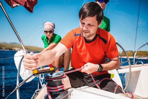 Group of friends sailing yacht, Koralat, Zagrebacka, Croatia photo