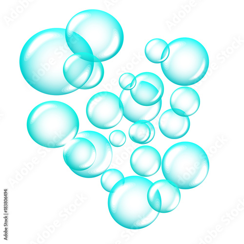 Cloud of bright blue soap bubbles isolated on white background