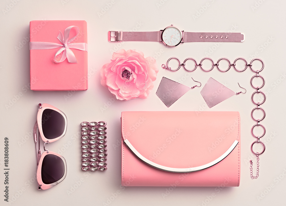 Fashion. Woman Pink Accessories Set. Flat lay. Trendy Rose Gold Watch,  Summer Sunglasses, Glamour fashion Clutch. Flower. Luxury Stylish Spring  lady. Pastel Color Stock Photo | Adobe Stock