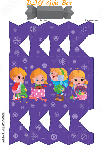 Gift Box printable DIY template. Girl cute kid and snowflakes winter pattern.