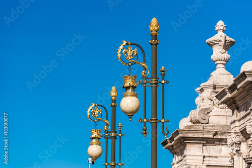 Vintage street lamp against the blue sky, Madrid, Spain. Copy space for text.