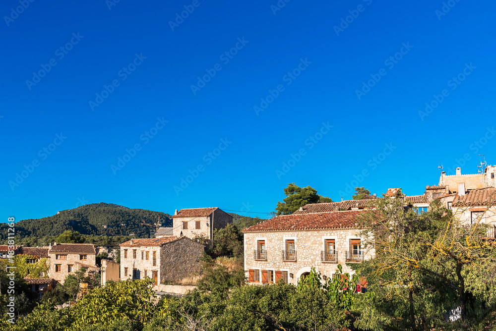 View of the buildings in the village Siurana, Tarragona, Catalunya, Spain. Copy space for text.
