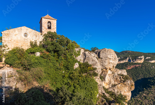 View of the Romanesque church of Santa Maria de Siurana, in Siurana, Tarragona, Catalunya, Spain. Copy space for text.