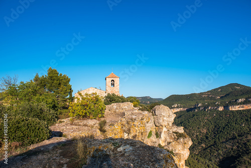 View of the Romanesque church of Santa Maria de Siurana  in Siurana  Tarragona  Catalunya  Spain. Copy space for text.