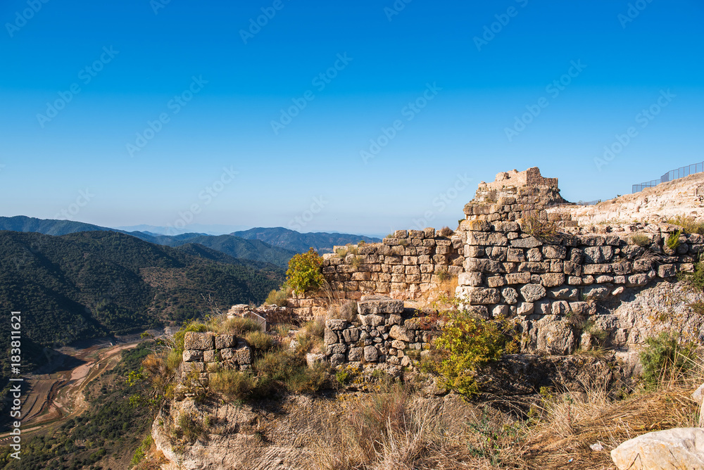 View of the ruins of the castle of Siuran, Tarragona, Catalunya, Spain. Copy space for text.