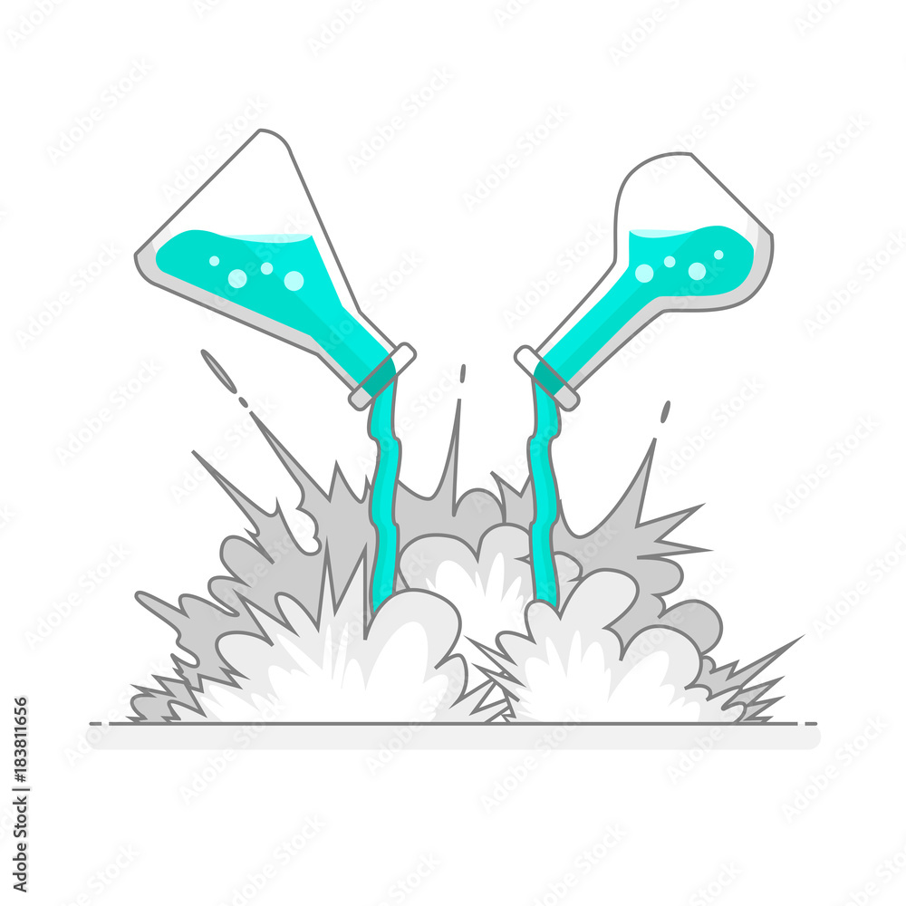 Two scientific flasks throwing liquid and forming a chemical explosion