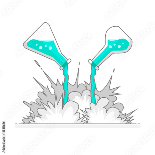 Two scientific flasks throwing liquid and forming a chemical explosion. Flat line design concept. Vector illustration.