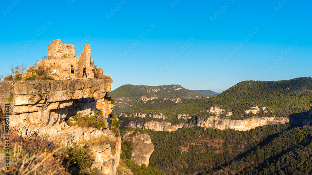 View of the ruins of the castle of Siuran, Tarragona, Catalunya, Spain. Copy space for text.