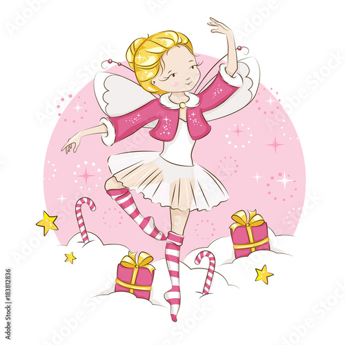 Beautiful little fairy. She's blonde. Princess dancing in a ballerina costume. She is wearing socks with a Christmas pattern  and a red cloak trimmed with fur. Vector on white background.