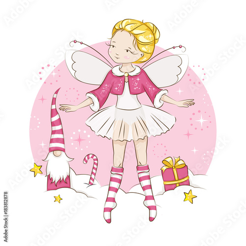 Beautiful little fairy. She's blonde. Princess dancing in a ballerina costume. She is wearing socks with a Christmas pattern  and a red cloak trimmed with fur. Vector on white background.