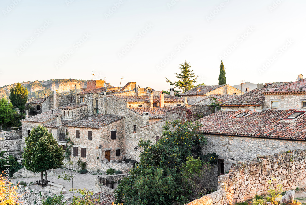 View of the buildings in the village Siurana, Tarragona, Spain. Copy space for text.