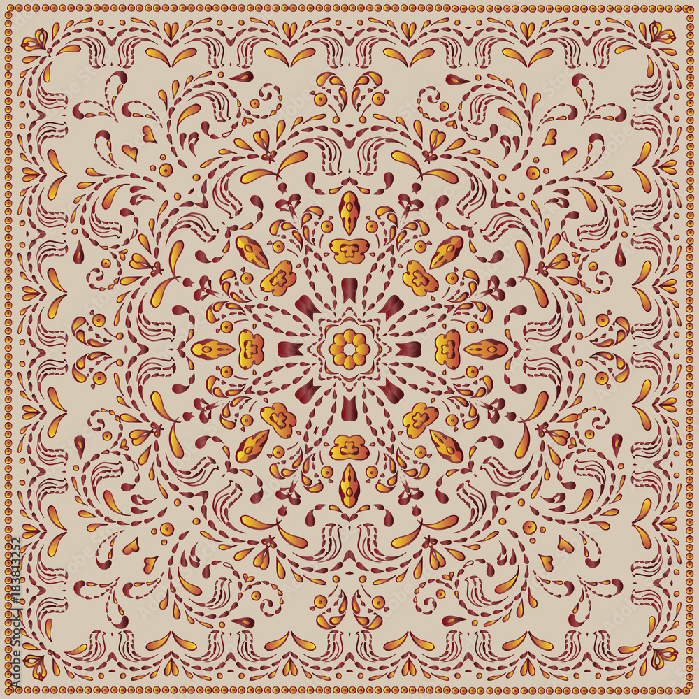 Ethnic pattern or bandana print in indian style. Indian floral paisley medallion pattern. Ethnic Mandala ornament. Can be used for textile, greeting card.