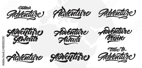 Lettering inspiring typography set. Adventure awaits. Adventure begin. Adventure outdoor. Vector lettering design for your business. 