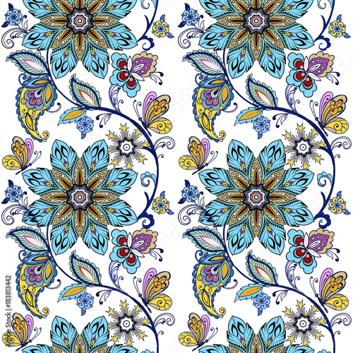 Striped Seamless pattern with fantastic flowers and butterflies. Vintage flowers ornament in blue colors. Floral wallpaper. Decorative ornament for fabric, textile, wrapping paper.