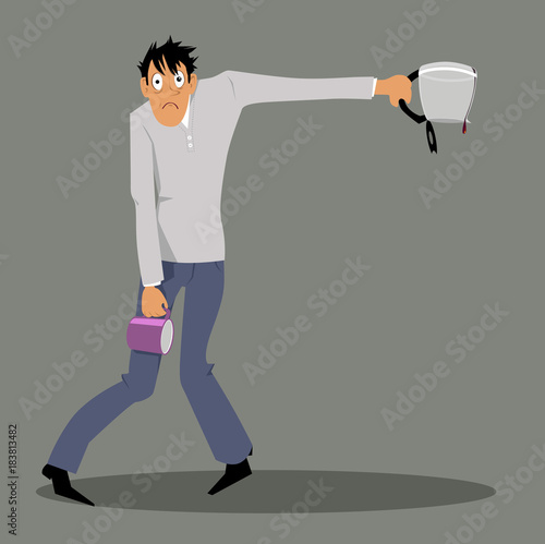 Exhausted man holding an empty coffee pot and a mug,  struggling with coffee withdrawal or overdose, EPS 8 vector illustration 