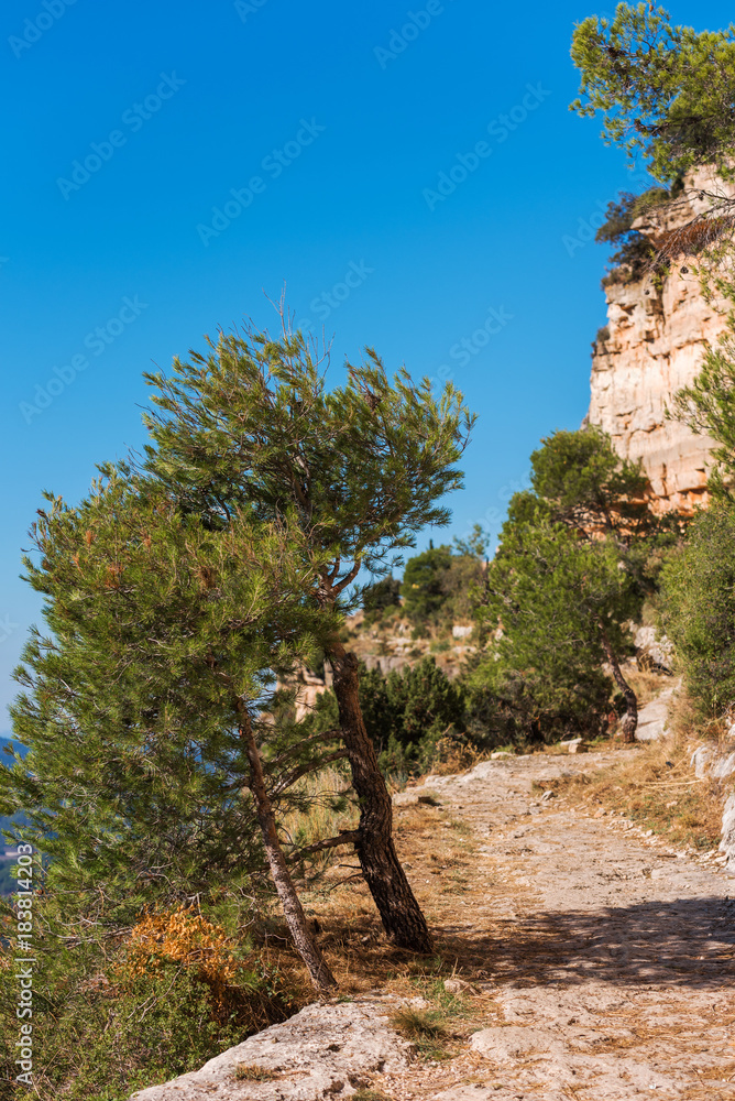 Rocky landscape in Siurana de Prades, Tarragona, Spain. Copy space for text. Vertical.
