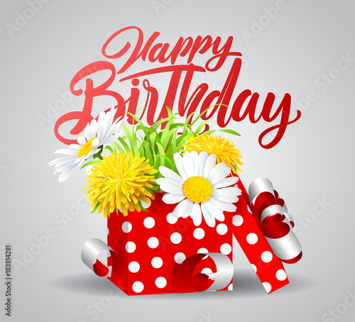 Fototapeta Naklejka Na Ścianę i Meble -  Beautiful Vector illustration festive background birthday with gifts and flowers