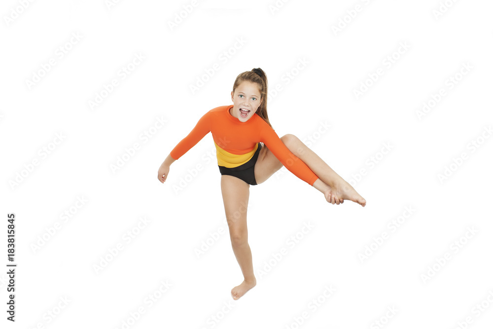 Little gymnast on a white background. Sporting exercise, stretch, flexibility, aerobic. Isolated on white background Little gymnast on a white background. Sporting exercise, stretch, flexibility, aerobic. Isolated on white background