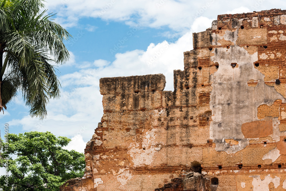 View on ruins of the Hospital of St. Nicolas of Bari, Santo Domingo, Dominican Republic. Close-up.
