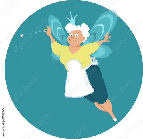 Modern fairy god mother or grandma with wings and magic wand, EPS 8 vector illustration