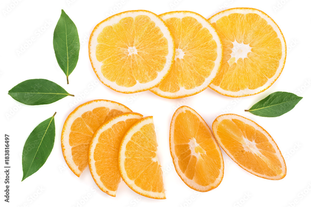 Slices of orange with leaves isolated on white background. Flat lay, top view. Fruit composition Slices of orange with leaves isolated on white background. Flat lay, top view. Fruit composition