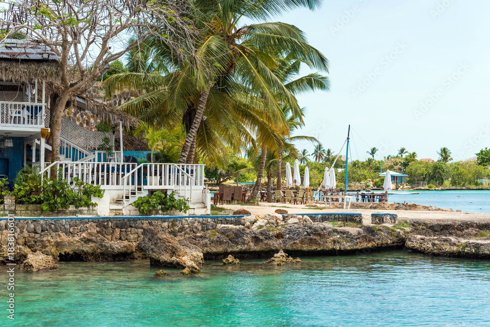 The embankment of the city of Bayahibe, La Altagracia, Dominican Republic. Copy space for text.