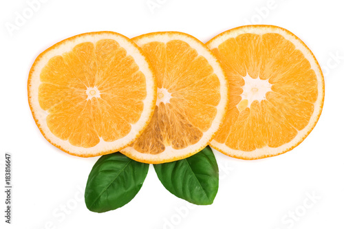 Slices of orange with leaves isolated on white background. Flat lay, top view. Fruit composition