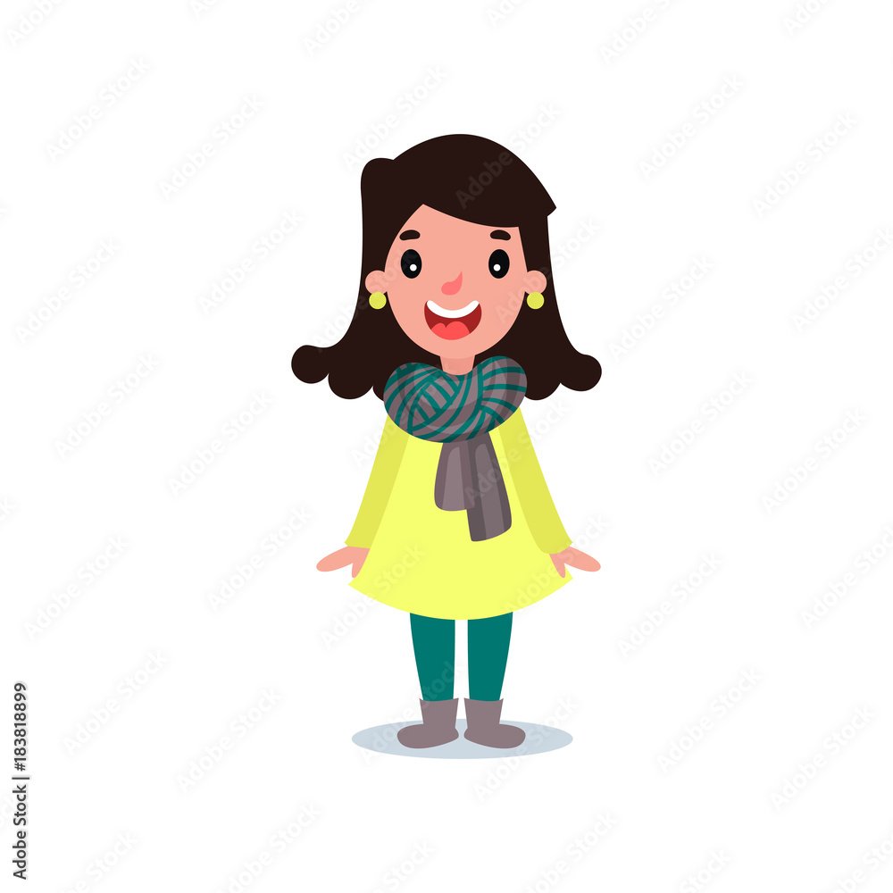Female character in yellow coat, green pants, striped scarf and boots. Cheerful girl with black hair standing isolated on white. Autumn casual clothing. Flat design vector