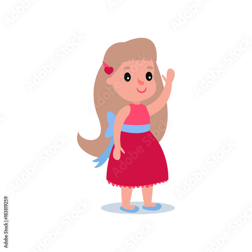 Brunette little girl in beautiful puffy dress with blue bow and red pin in hair. Smiling kid character waving by hand. Clothes for children party. Flat vector design © Happypictures