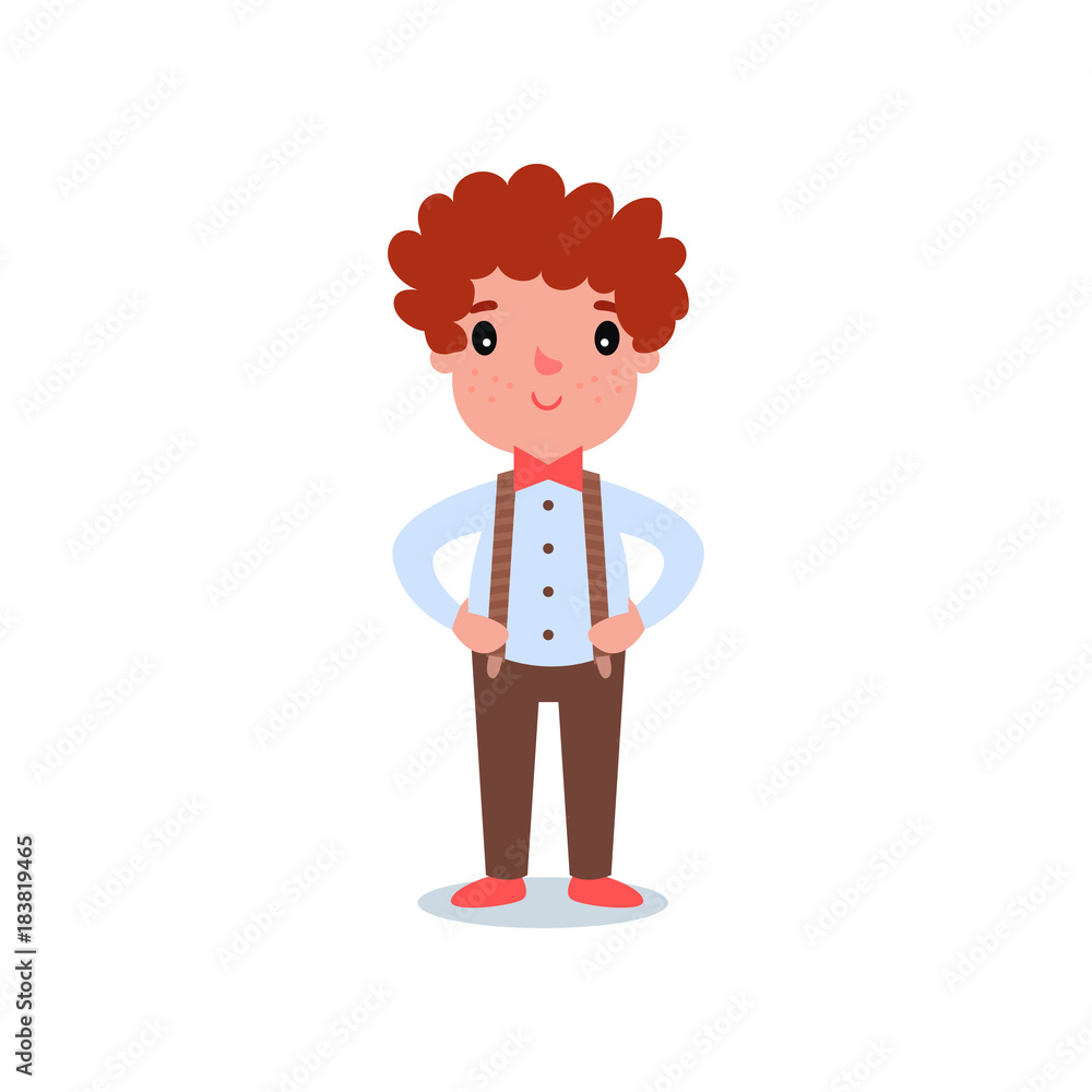 Cartoon character of little boy with red hair and freckles. Kid wearing  fashion clothes brown pants with suspenders, shirt and red tie butterfly.  Flat vector Stock Vector | Adobe Stock