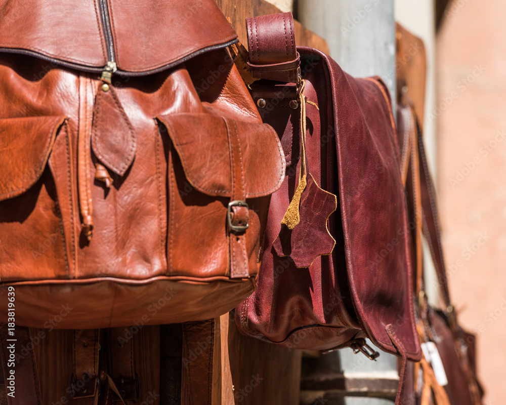 Souvenir shop with leather handbags in Tarragona, Catalunya, Spain.  Close-up. Stock Photo | Adobe Stock
