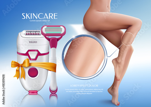 Colored and realistic banner with depilation by electric epilator and razor. hair removal on the body. Composition with woman figure with beautiful legs and tools for depilation.