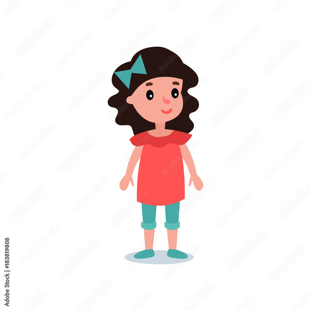 Little preschool kid with black hair posing in casual clothes red blouse, blue shorts and bow. Cartoon girl character. Colorful flat vector design Little preschool kid with black hair posing in casual clothes red blouse, blue shorts and bow. Cartoon girl character. Colorful flat vector design