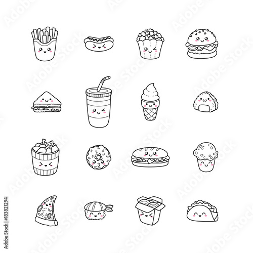 Set of vector cartoon doodle icons junk food. Illustration of comic fast food