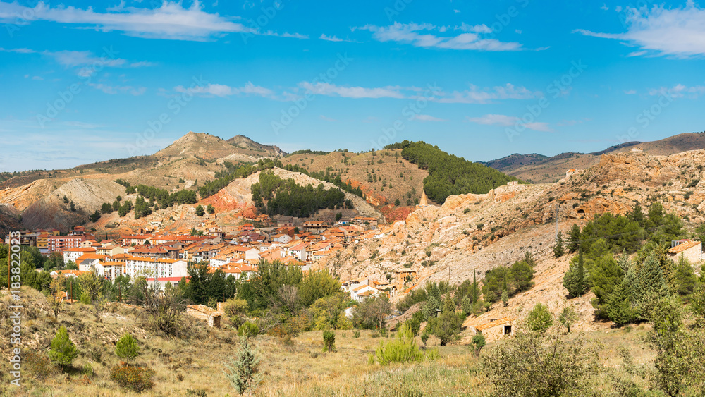View of the mountain landscape and the city of Molina de Aragon, Guadalajara, Spain. Copy space for text.