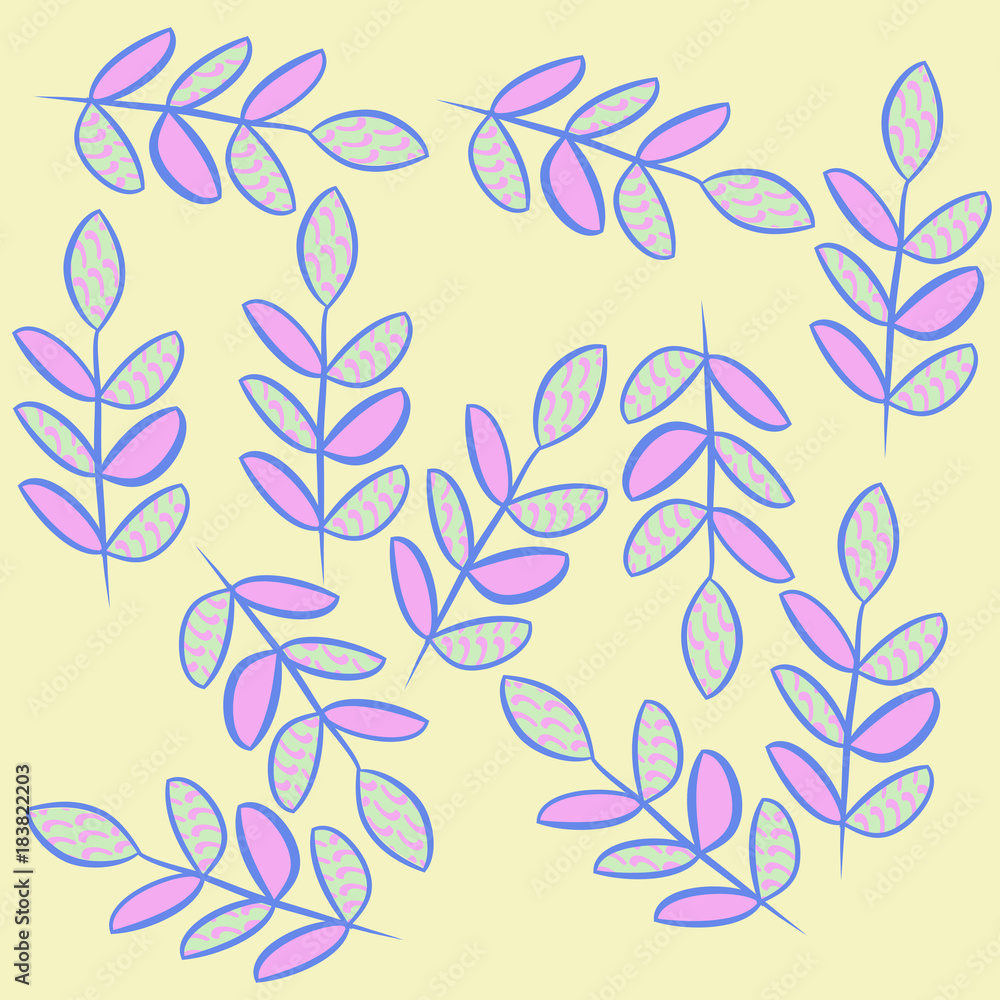 Branch, leaves, scribbles pattern. Hand drawn. Branch, leaves, scribbles pattern. Hand drawn.
