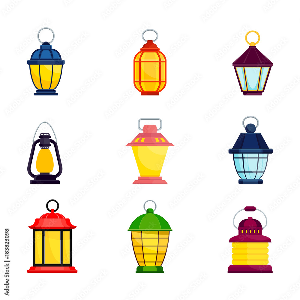 Set of bright old fashioned hand flashlight. Kerosene lamp, candle for lighting streets, houses. Decor for festival, birthday, wedding. Flat vector illustration. Objects isolated on white background. Set of bright old fashioned hand flashlight. Kerosene lamp, candle for lighting streets, houses. Decor for festival, birthday, wedding. Flat vector illustration. Objects isolated on white background.