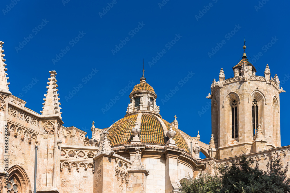 Tarragona Cathedral (Catholic cathedral) on a sunny day, Catalunya, Spain. Copy space for text.