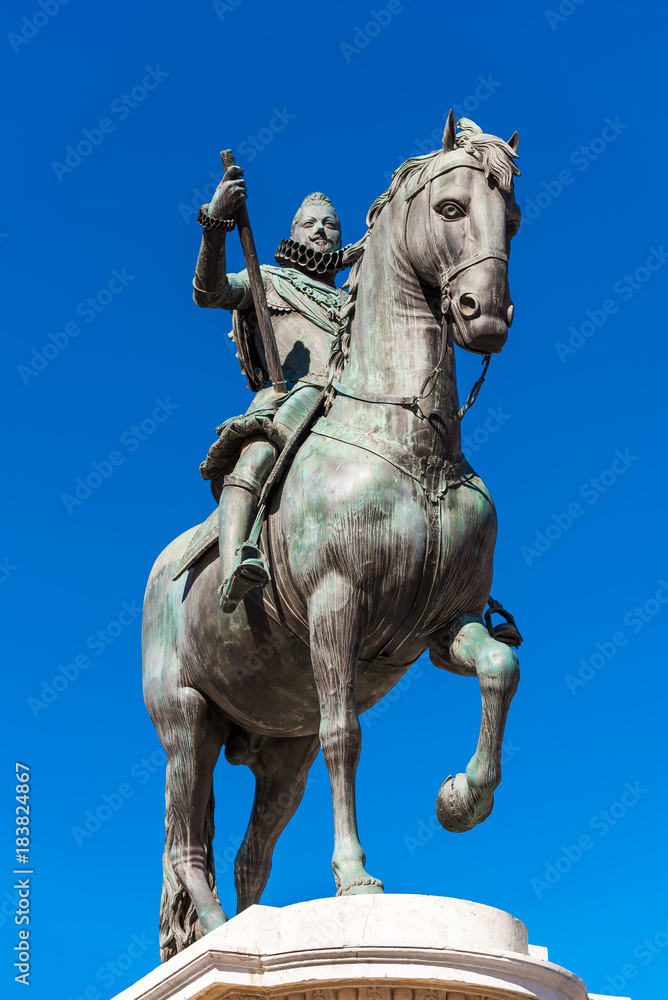 Bronze equestrian statue of King Philip III in Madrid, Spain. Copy space for text. Vertical.
