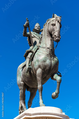 Bronze equestrian statue of King Philip III in Madrid, Spain. Copy space for text. Vertical.